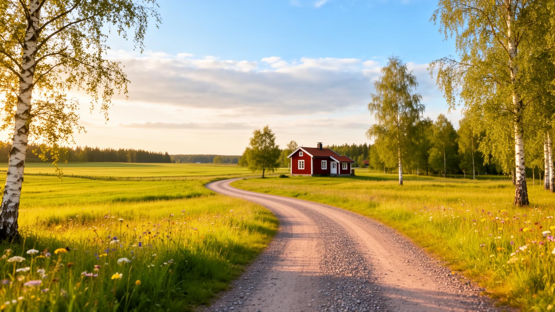 Svensk grusväg genom öppet landskap